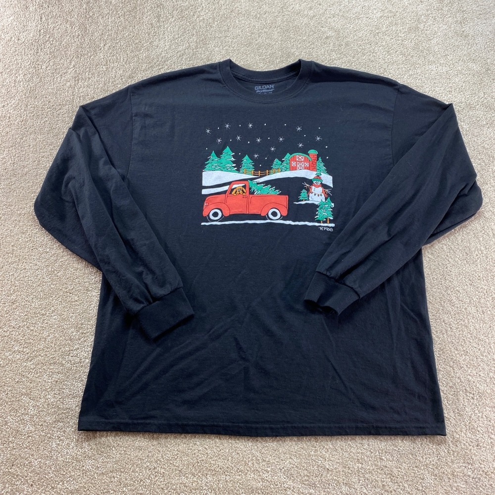 Gildan Shirt Mens XL Black Christmas Red‎ Truck Snowman Long Sleeve DryBlend